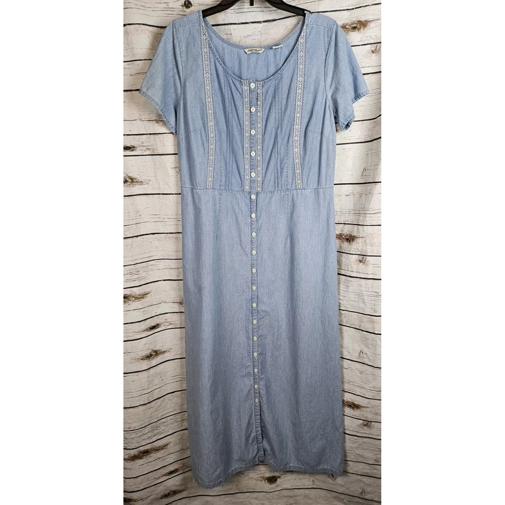Vintage Eddie Bauer Light Denim Shirt Dress M 90s Prairie Pintuck Boho Cottage